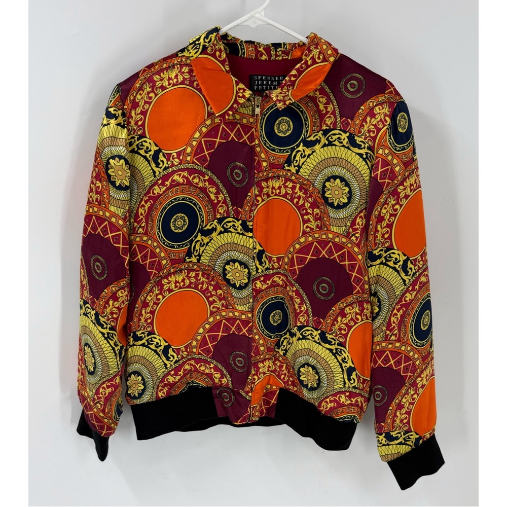 Spencer Jeremy petite vintage 100% silk zip front Asian print bomber jacket M
